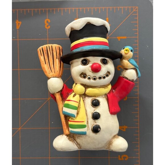 VINTAGE Hand-Painted Earthenware Snowman Ornament w Broom Bluebird Traditional - Picture 10 of 14